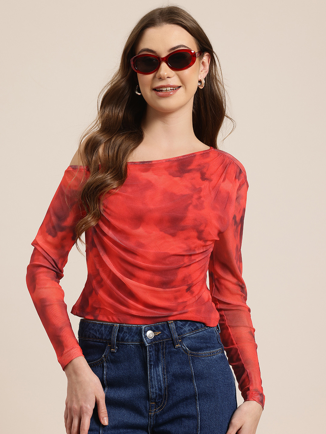 HERE&NOW Printed One Shoulder Ruched Mesh Top