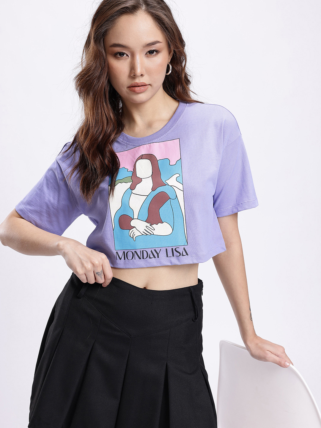 Lavender Graphic Printed Boxy Crop T-shirt