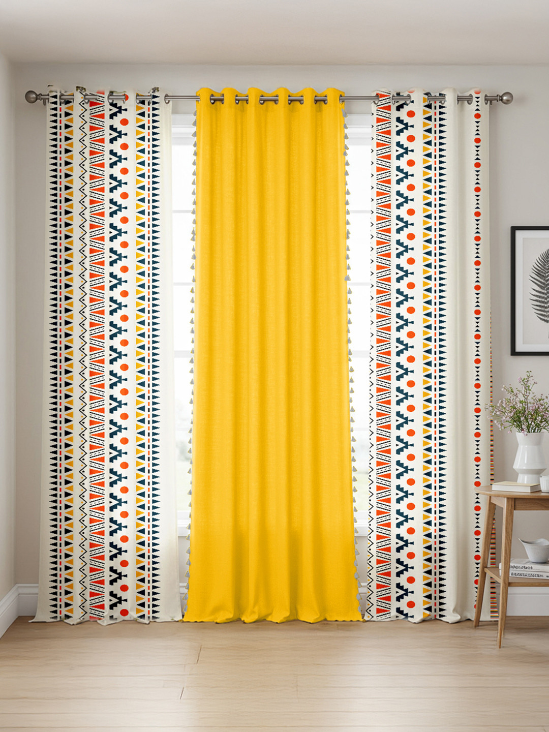 URBAN SPACE Yellow & White 3 Pcs Geometric Printed Cotton Long Door Curtain