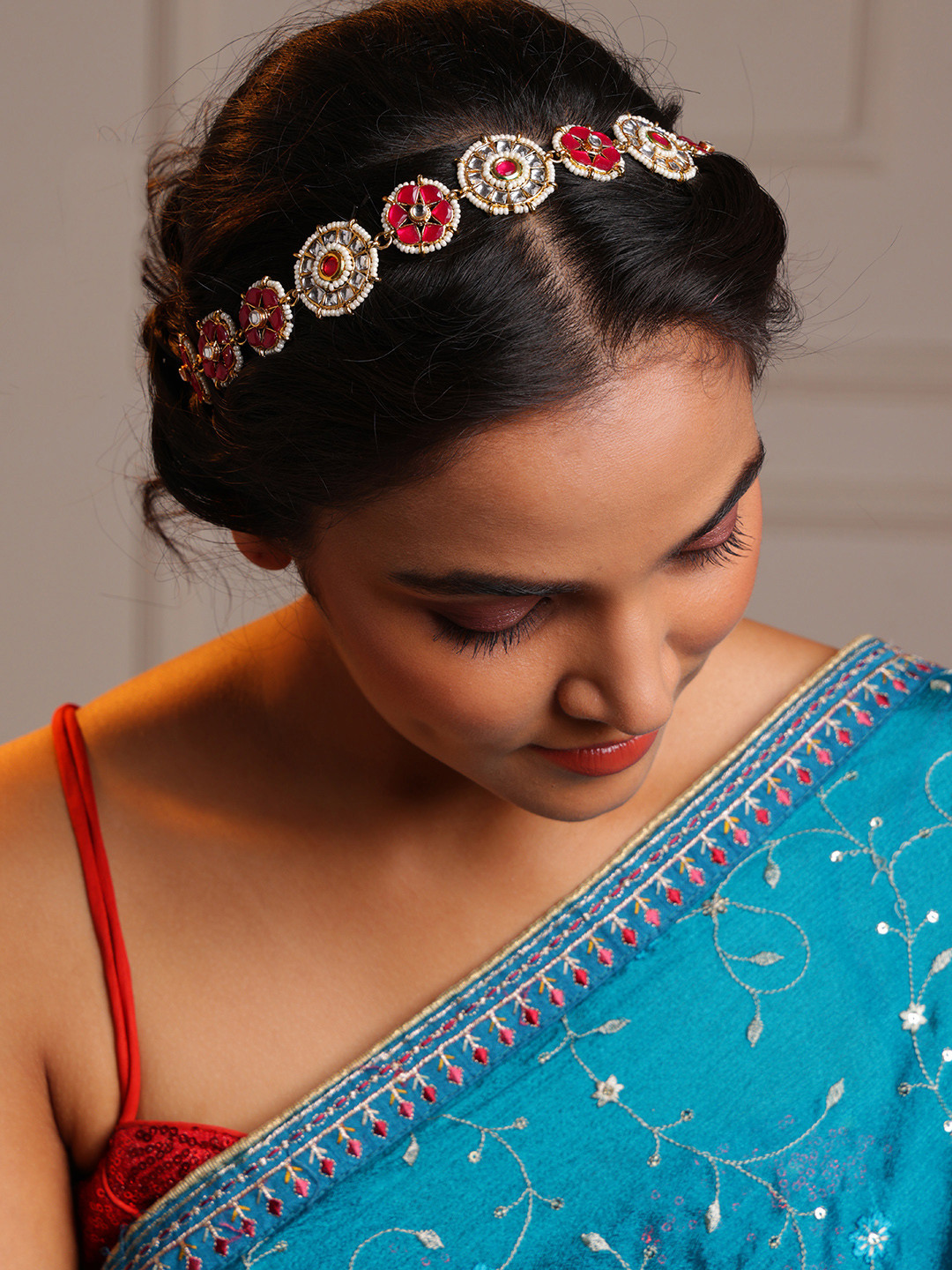 PANASH Gold-Plated Kundan Stone Studded & Pearls Beaded Matha Patti