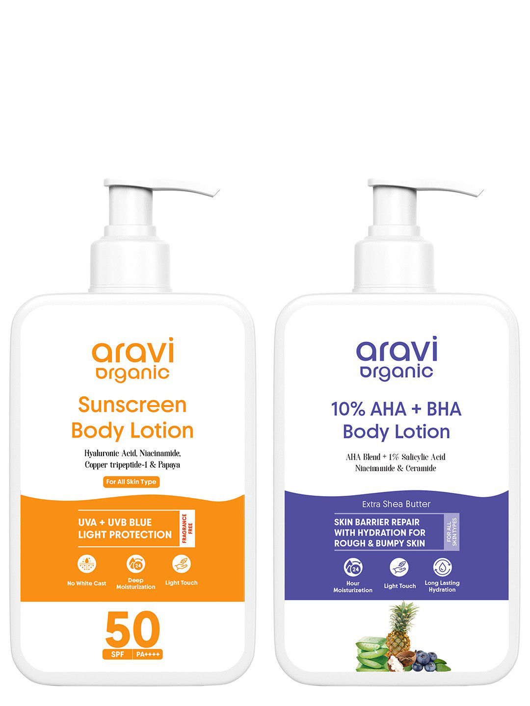 Aravi Organic Set Of AHA + BHA Body Lotion & SPF 50 Sunscreen Body Lotion - 200ml Each