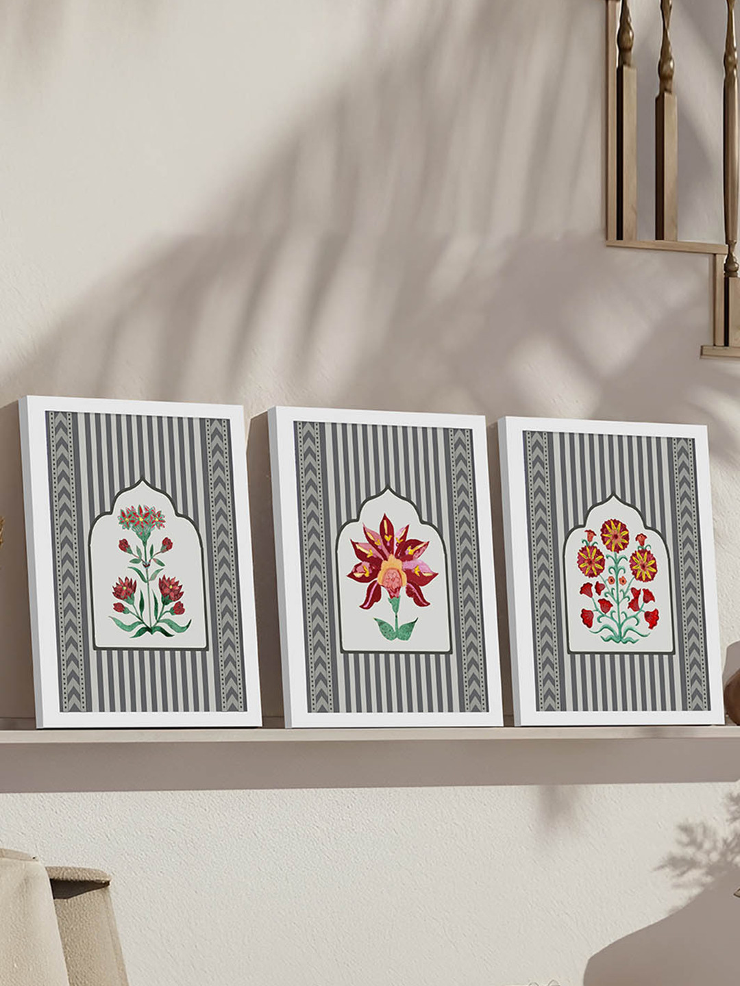 Art Street Grey & White 3 Piece Indian Floral Motif Painting Wall Art