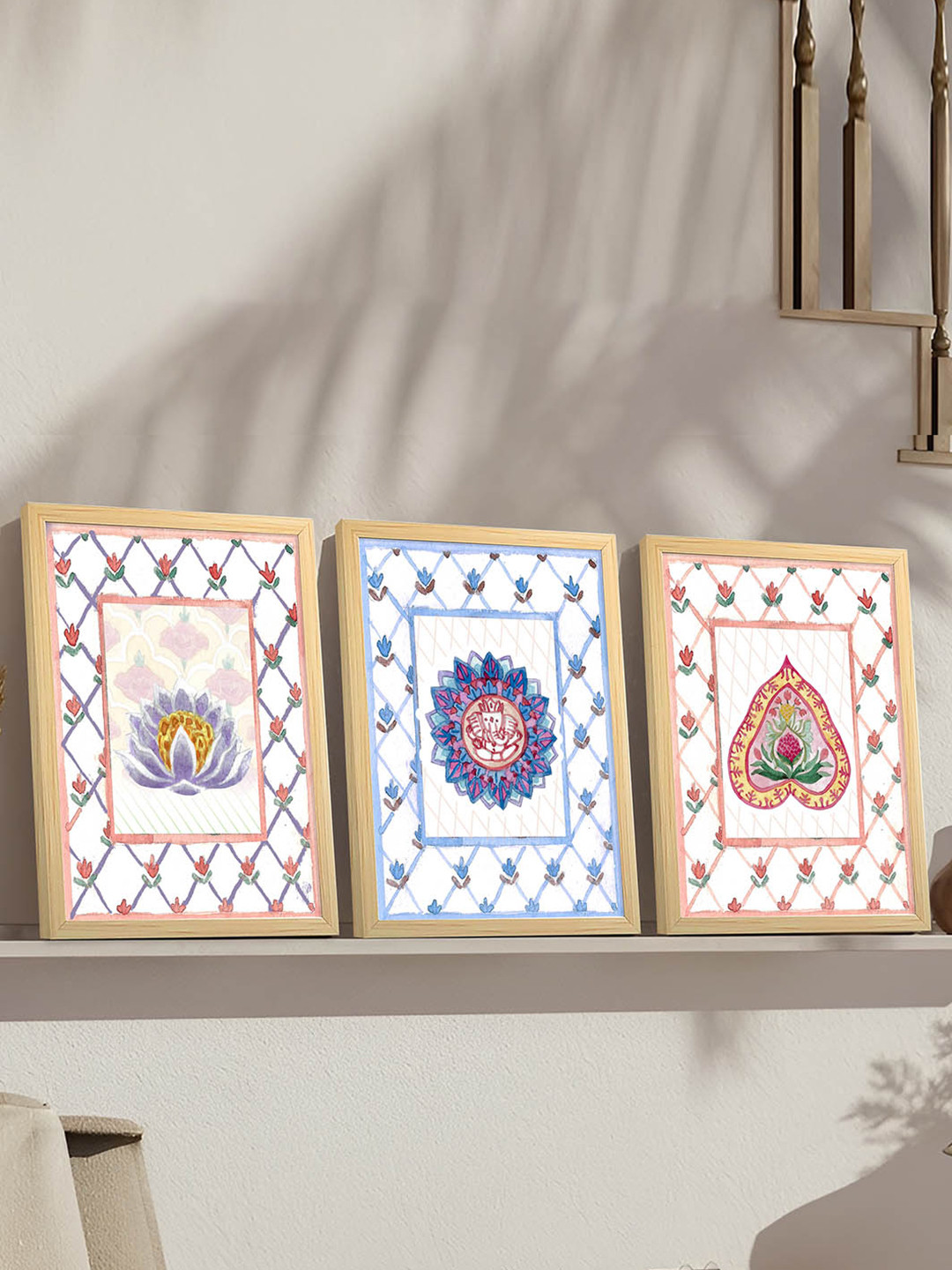 Art Street Blue & White 3 Pieces Indian Floral Ganesha Ji Motif Painting Wall Art