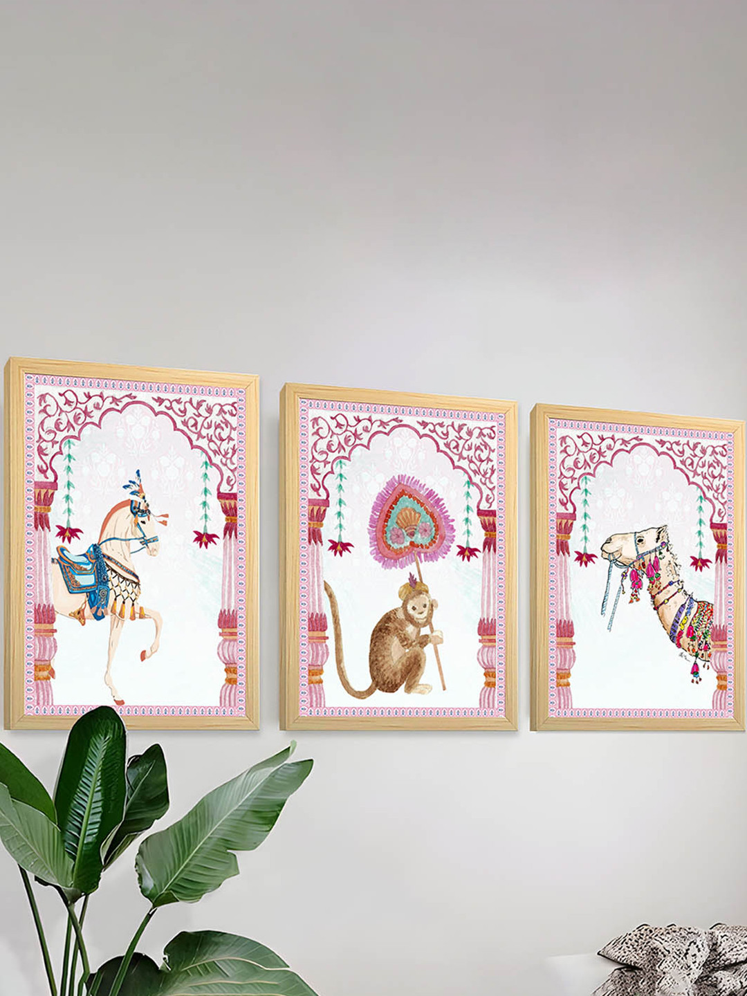 Art Street White & Pink 3 Pieces Royal Horse Painting Wall Art