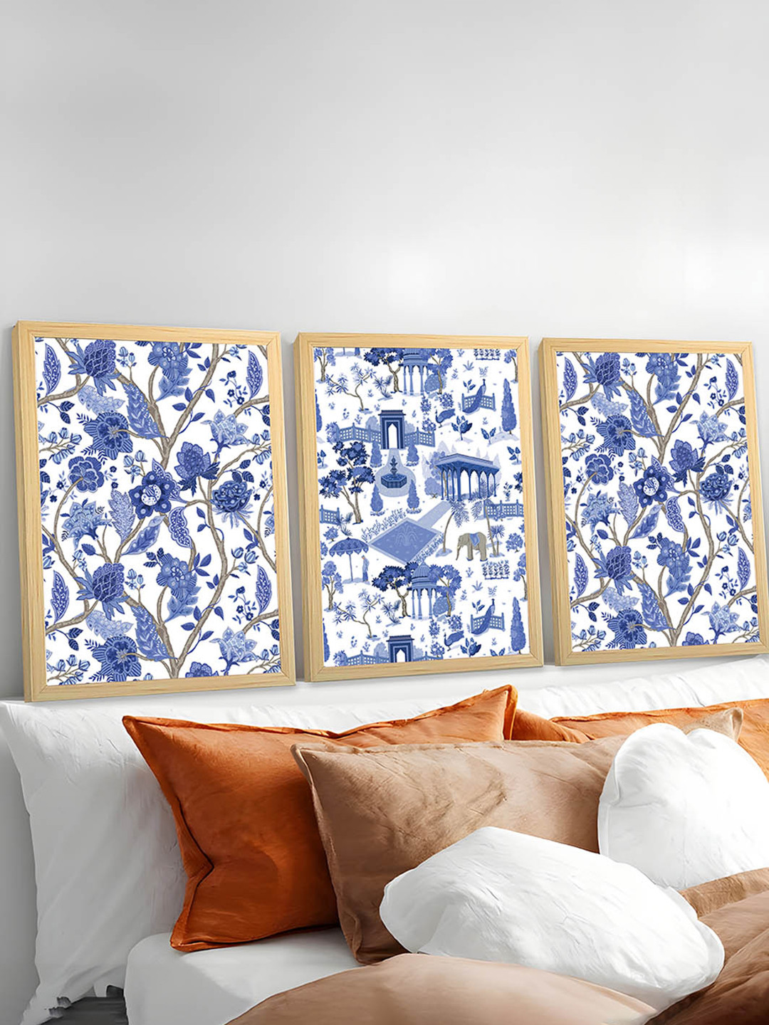 Art Street Turquoise Blue & White 3 Pieces Mughal Floral Painting Wall Art