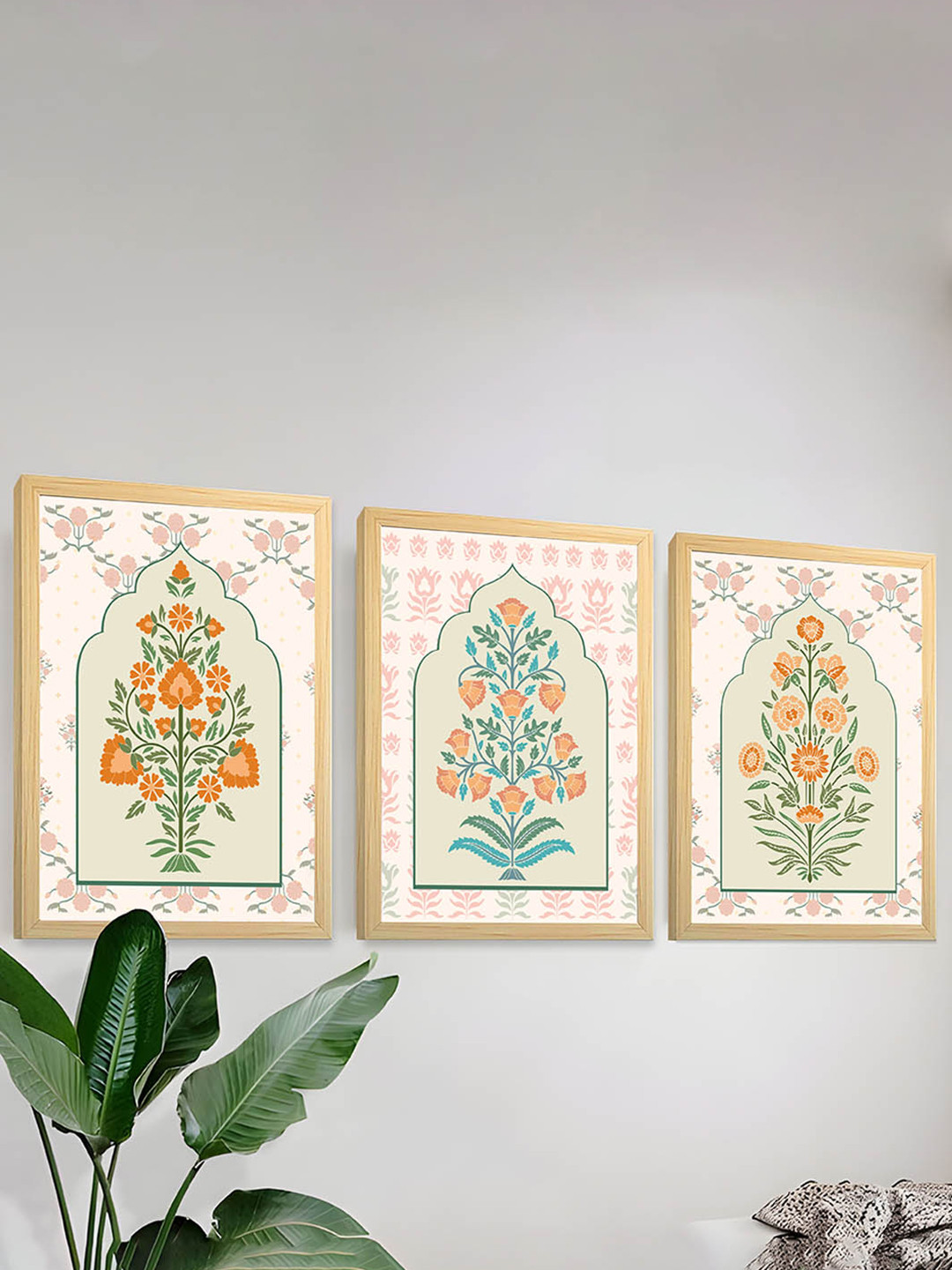 Art Street Orange & Green 3 Piece Indian Lotus Floral Motif Painting Wall Art