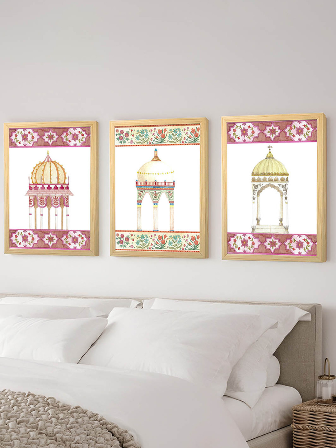 Art Street Mughal Temple Synthetic Wood 3 Piece Wall Paintings Wall Art - 17.5 x 12.7In