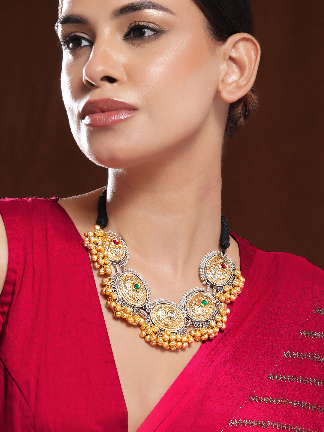 Rubans Oxidised Silver & 22K Gold-Plated Multicolored Stone Studded Traditional Necklace