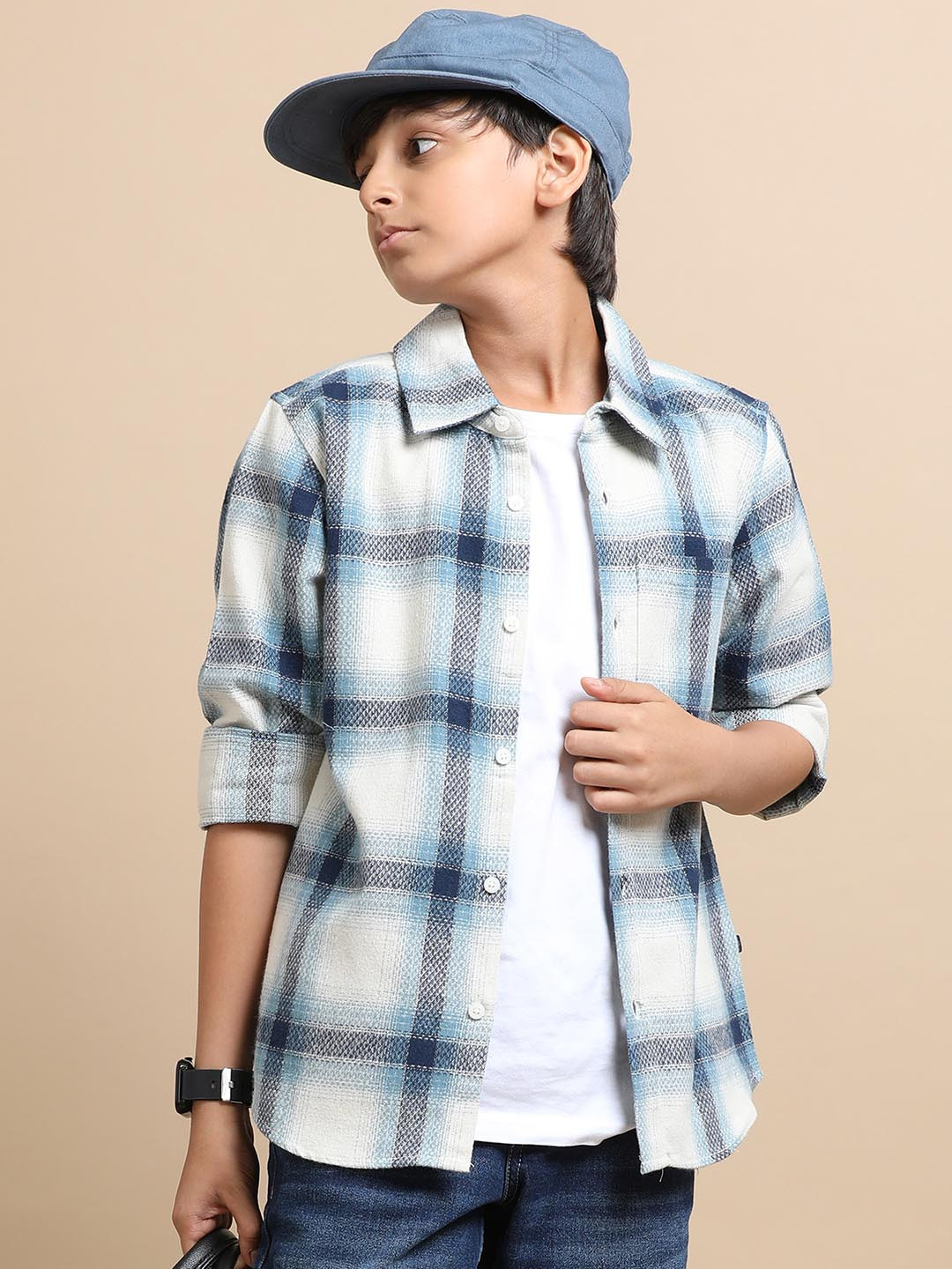 The Lion and The Fish Boys Relaxed Fit Tartan Checked Spread Collar Shirt