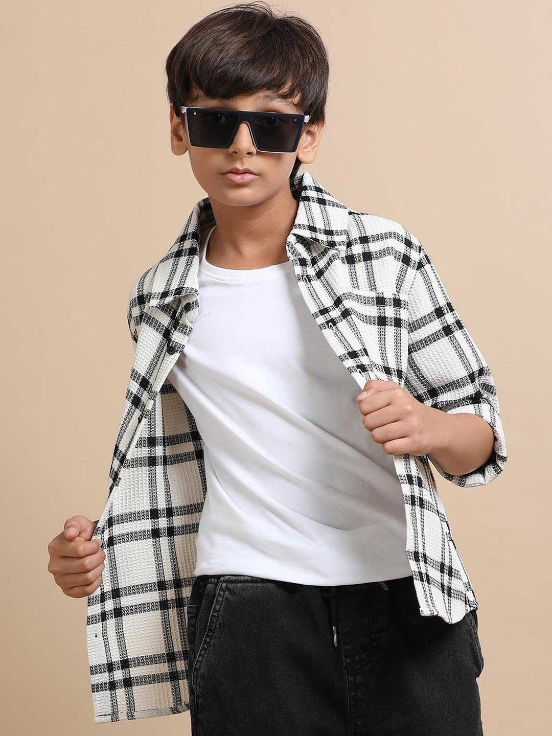 The Lion and The Fish Boys Spread Collar Tartan Checked Relaxed Fit Casual Shirt
