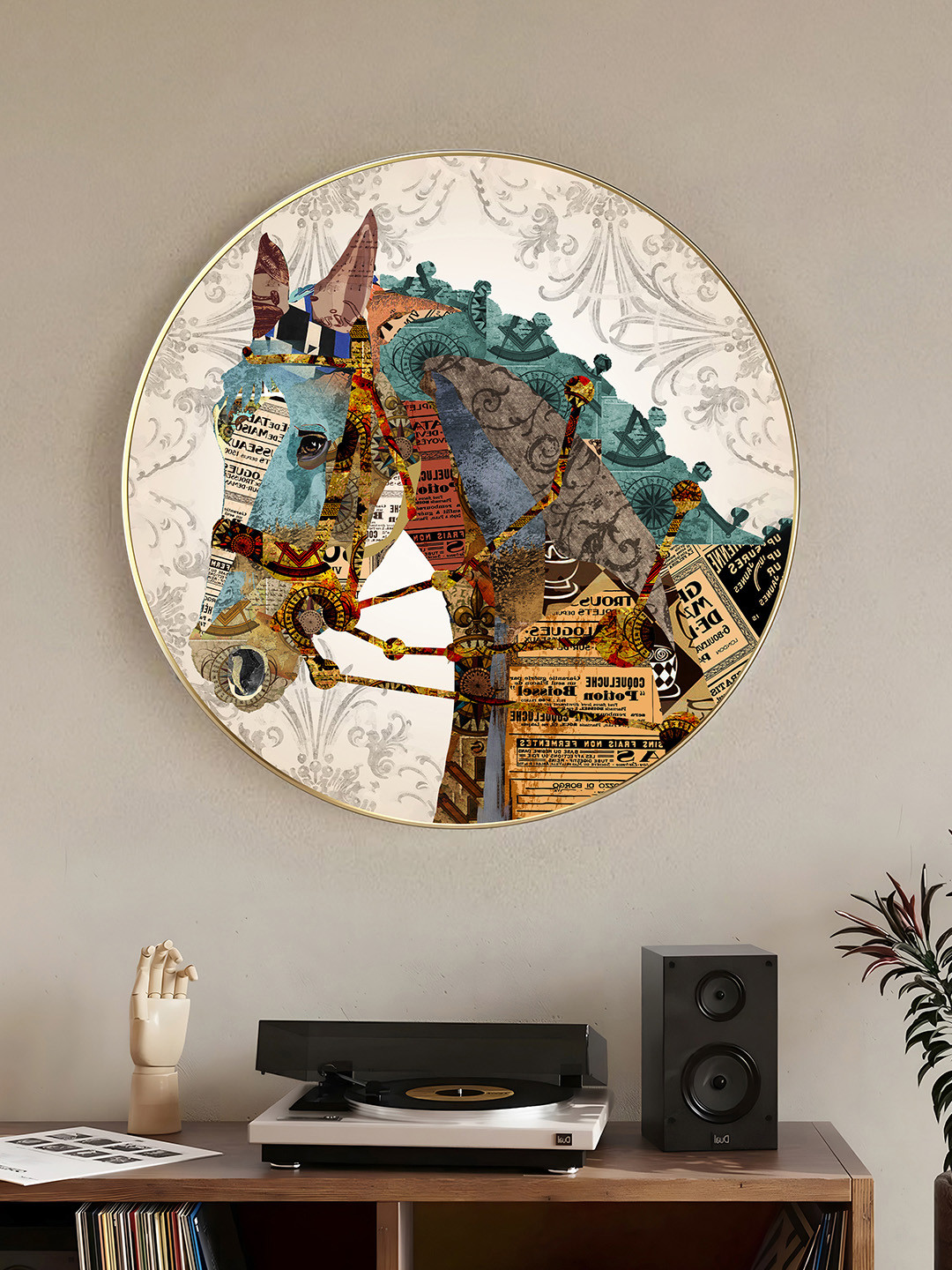 Art Street Blue & Brown Paper Horse collage art Retro pattern Birds and Animals Wall Art