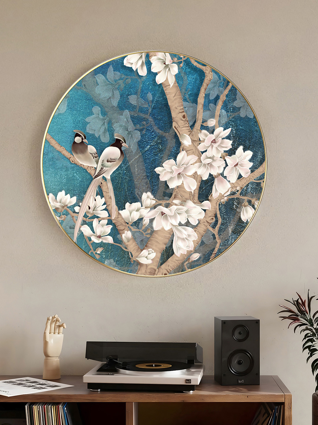Art Street Blue & White Paper Graceful Birds on Magnolia Floral and Botanical Wall Art