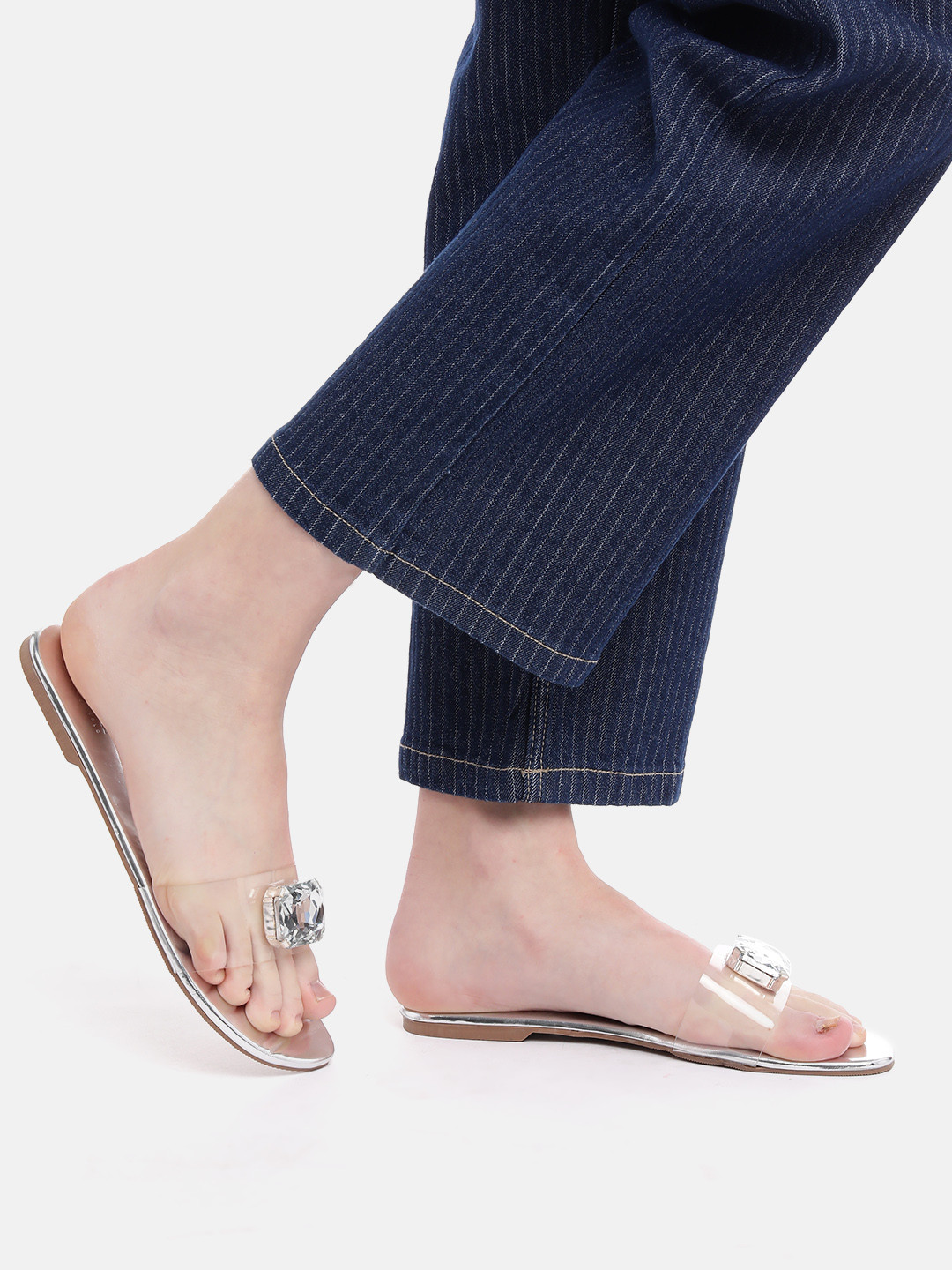 ZORI WORLD Women Party Crystal Studded Open Toe Flats