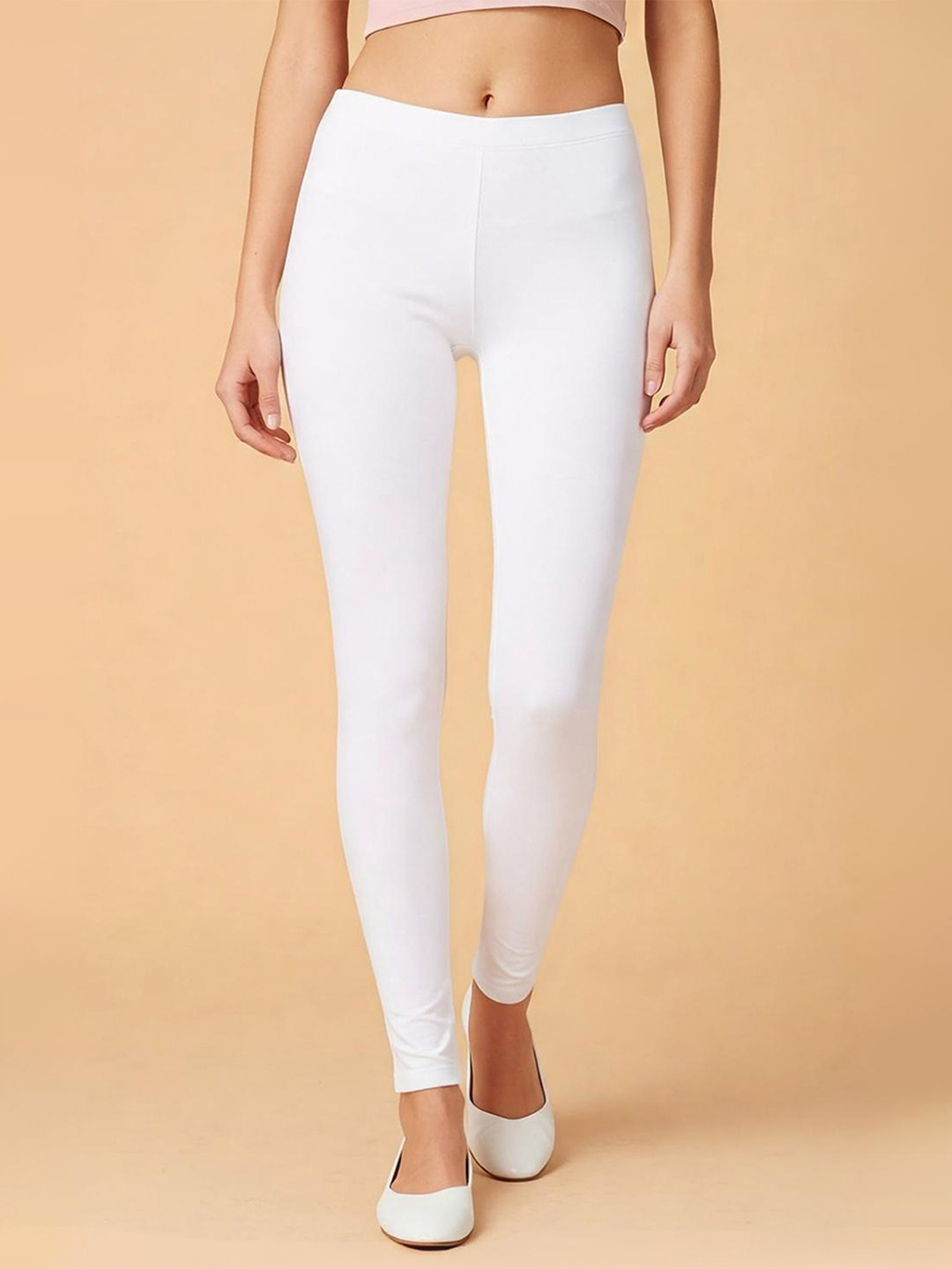 JUNEBERRY Women White Solid Ankle Length Regular Fit Cotton Leggings