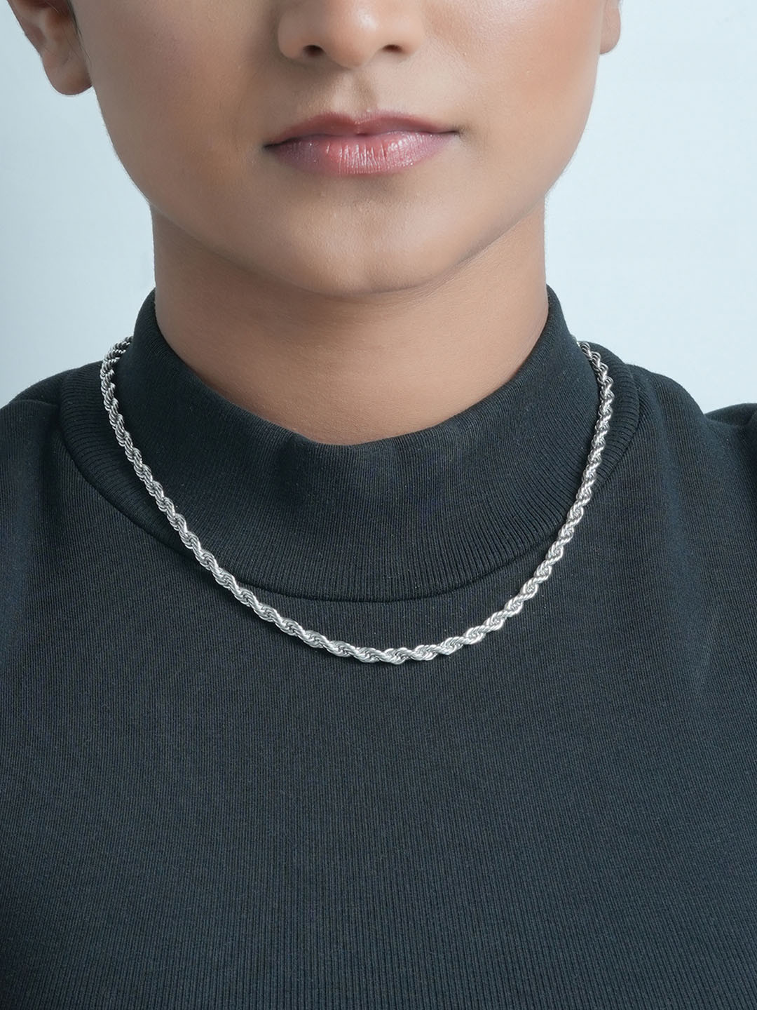 AQUASTREET 18K Rhodium Plated 3mm Antitarnish Waterproof Twisted Rope Chain Necklace