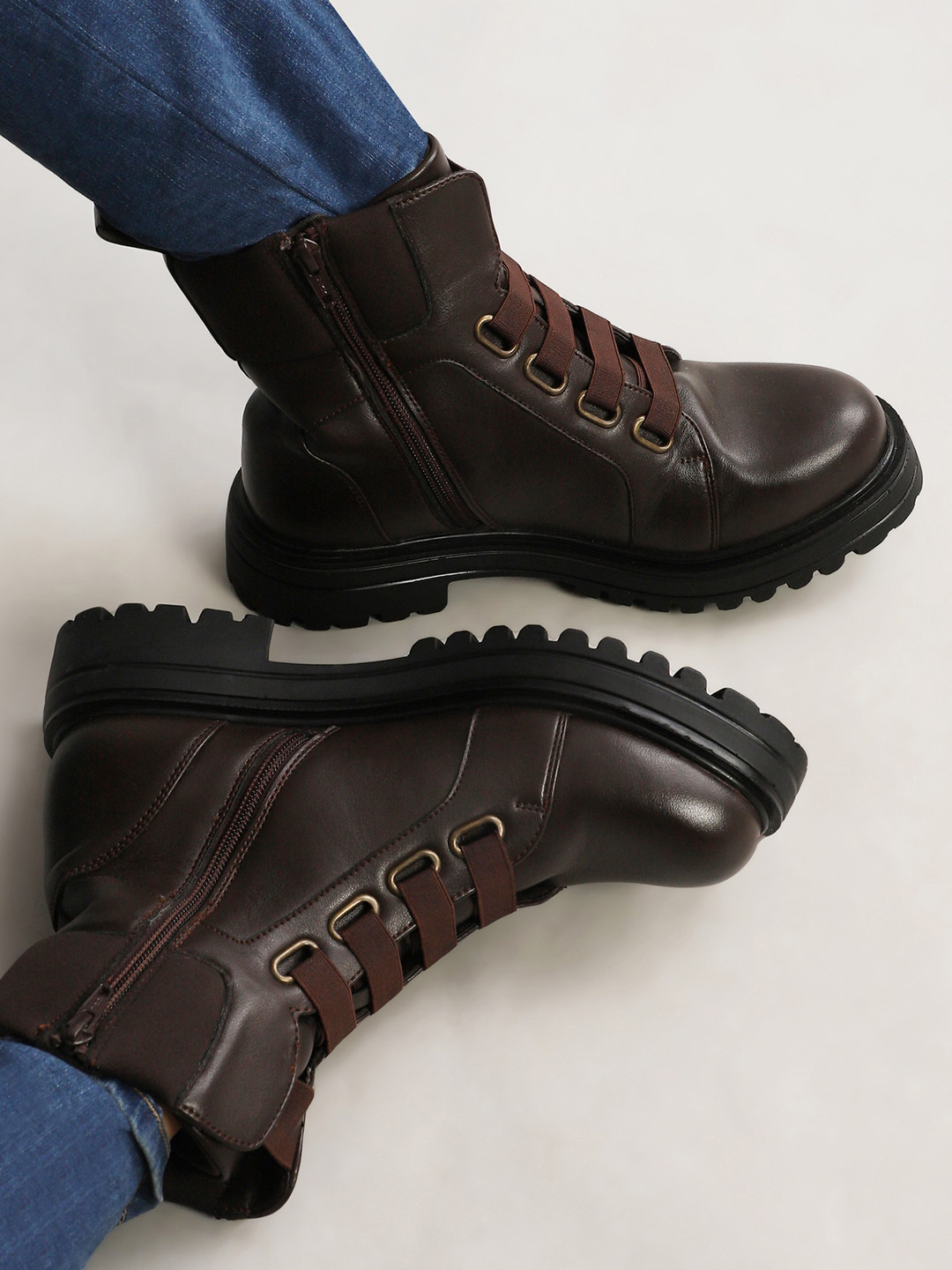 yoho Women Combat Boot Leather Finish Elastic and Zip-Up Winter Boot M-002