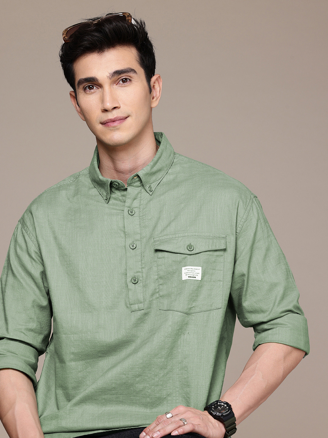 WROGN Button-Down Collar Drop-Shoulder Sleeves Oversized  Cotton Casual Shirt