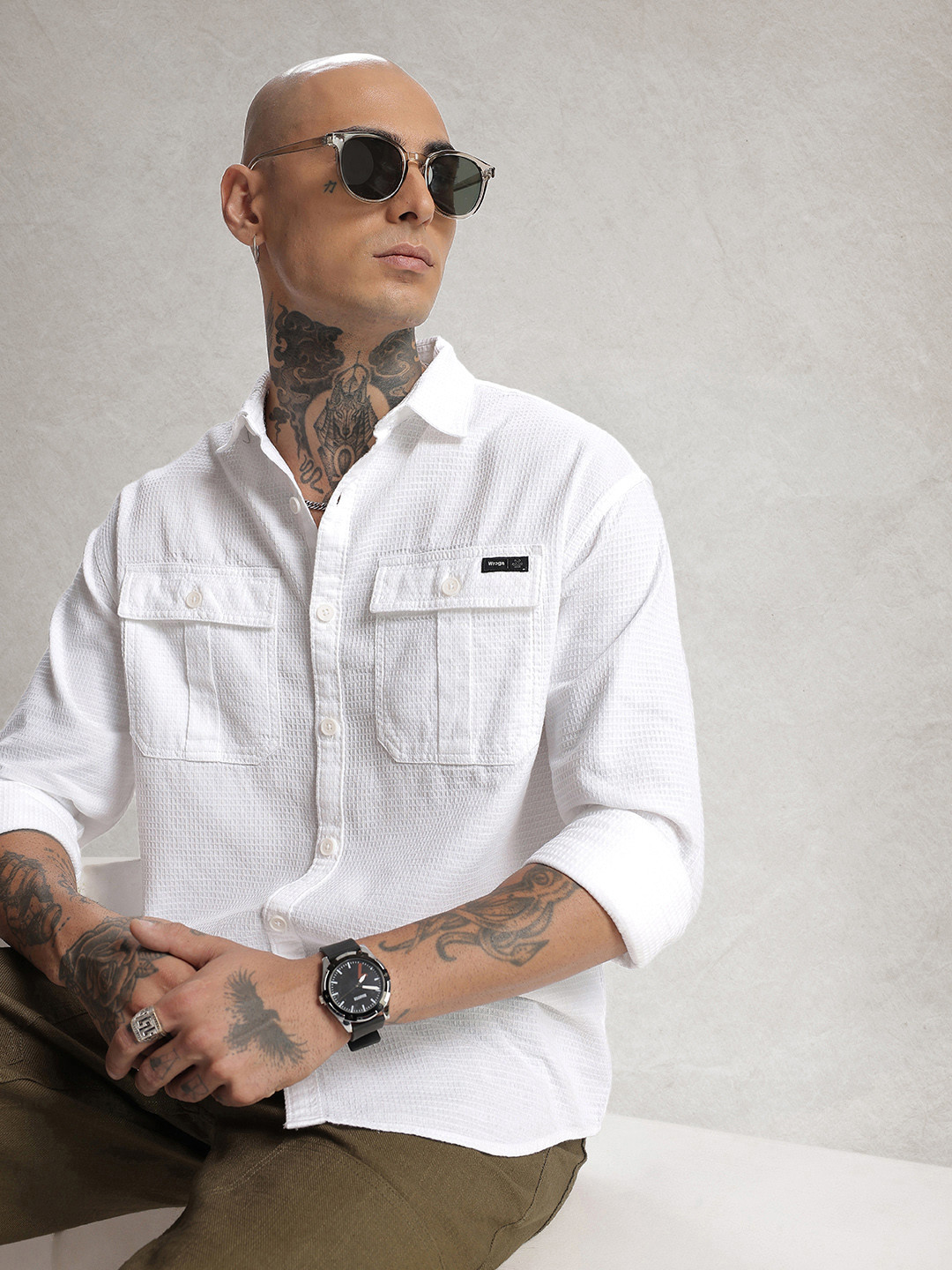 WROGN Oversized Geometric Self Design Drop-Shoulder Sleeves Pure Cotton Casual Shirt