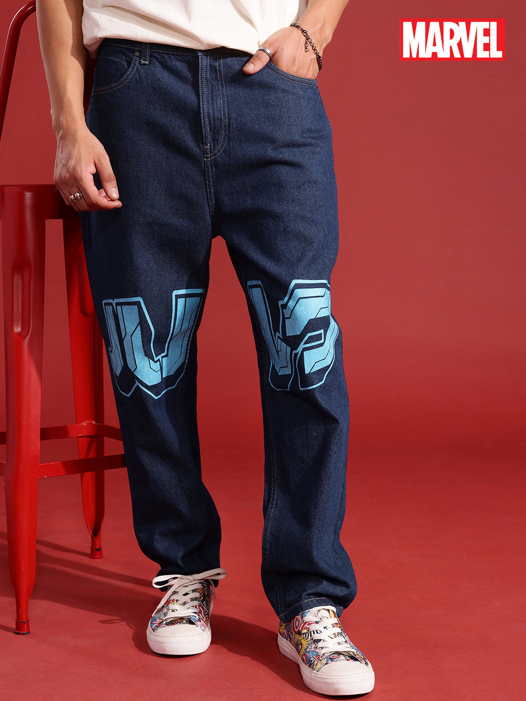MARVEL STREET Men Pure Cotton Barrel Fit Printed Jeans