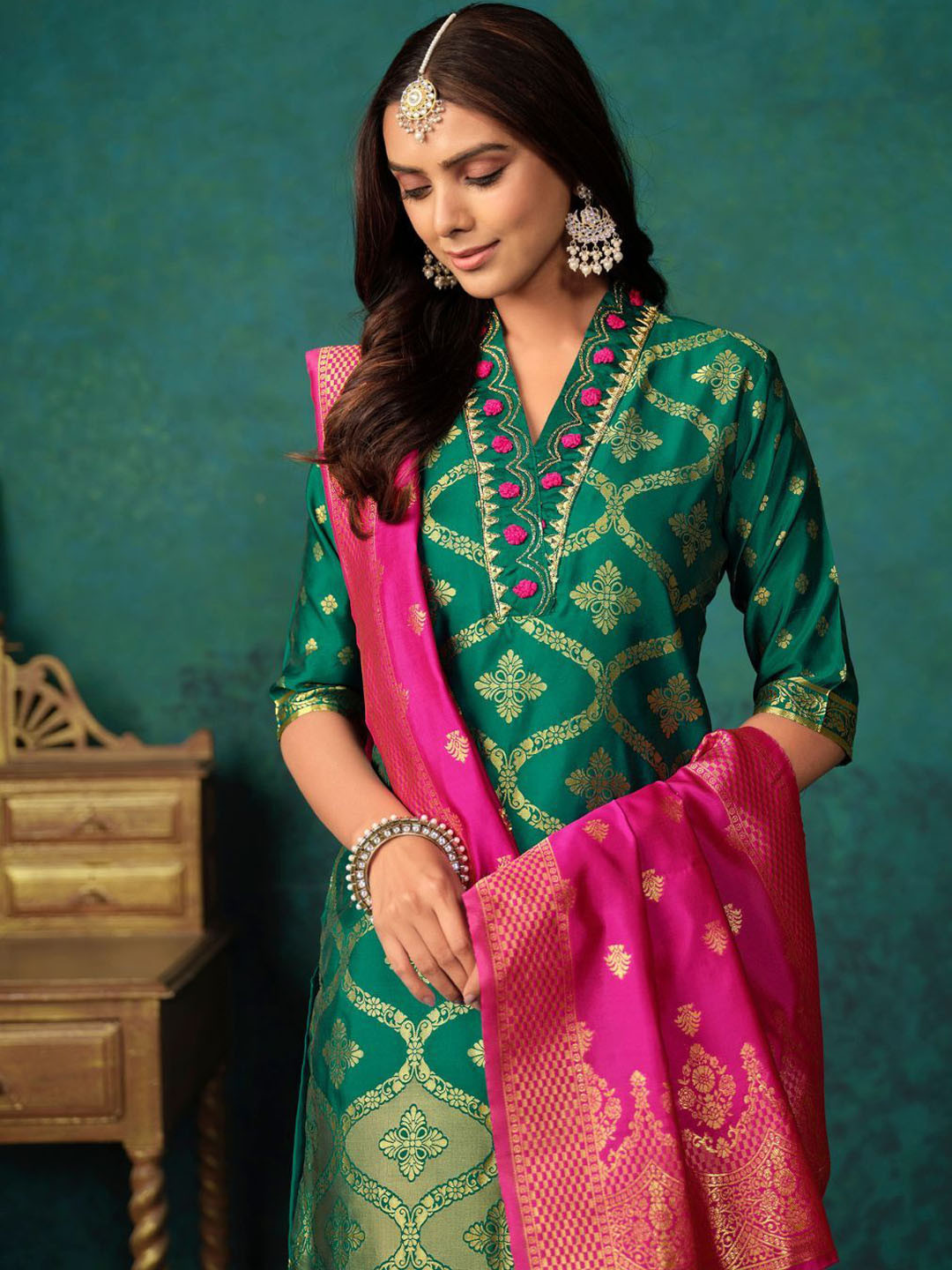 Sangria Green Ethnic Motifs Woven Design Regular Thread Work Kurta & Salwar With Dupatta
