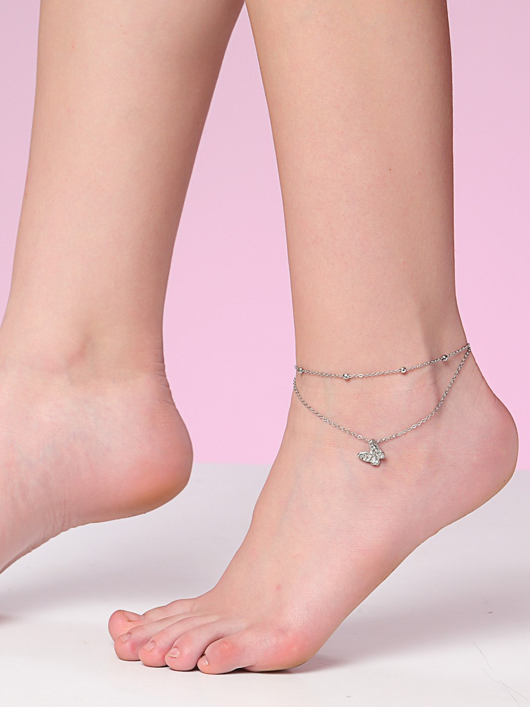 Sanjog Silver-Plated Stone Studded Butterfly CZ Stone Charm Anklet