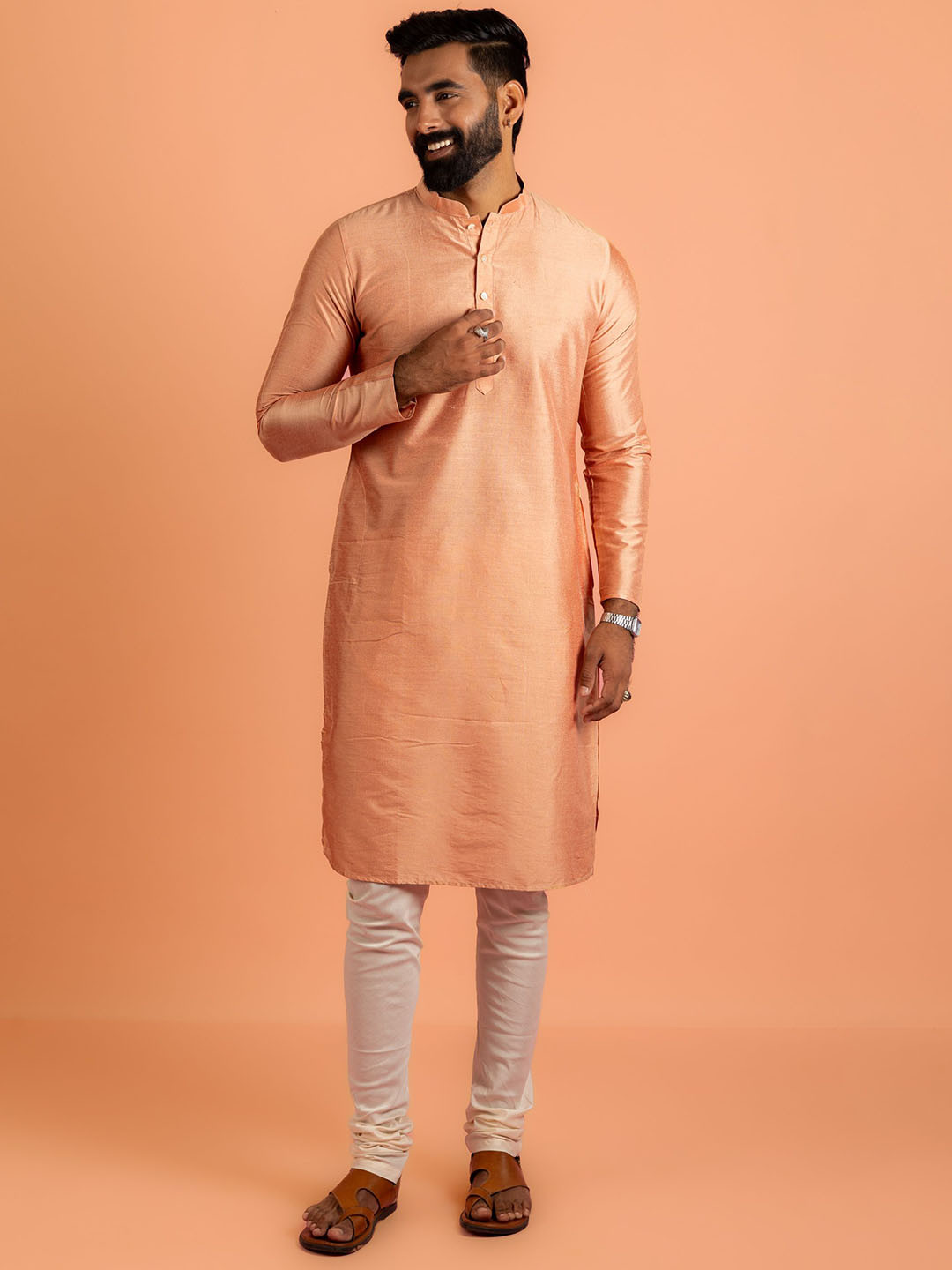 KISAH Mandarin Collar Pastels Straight Kurta with Churidar & Woven Design Nehru jacket