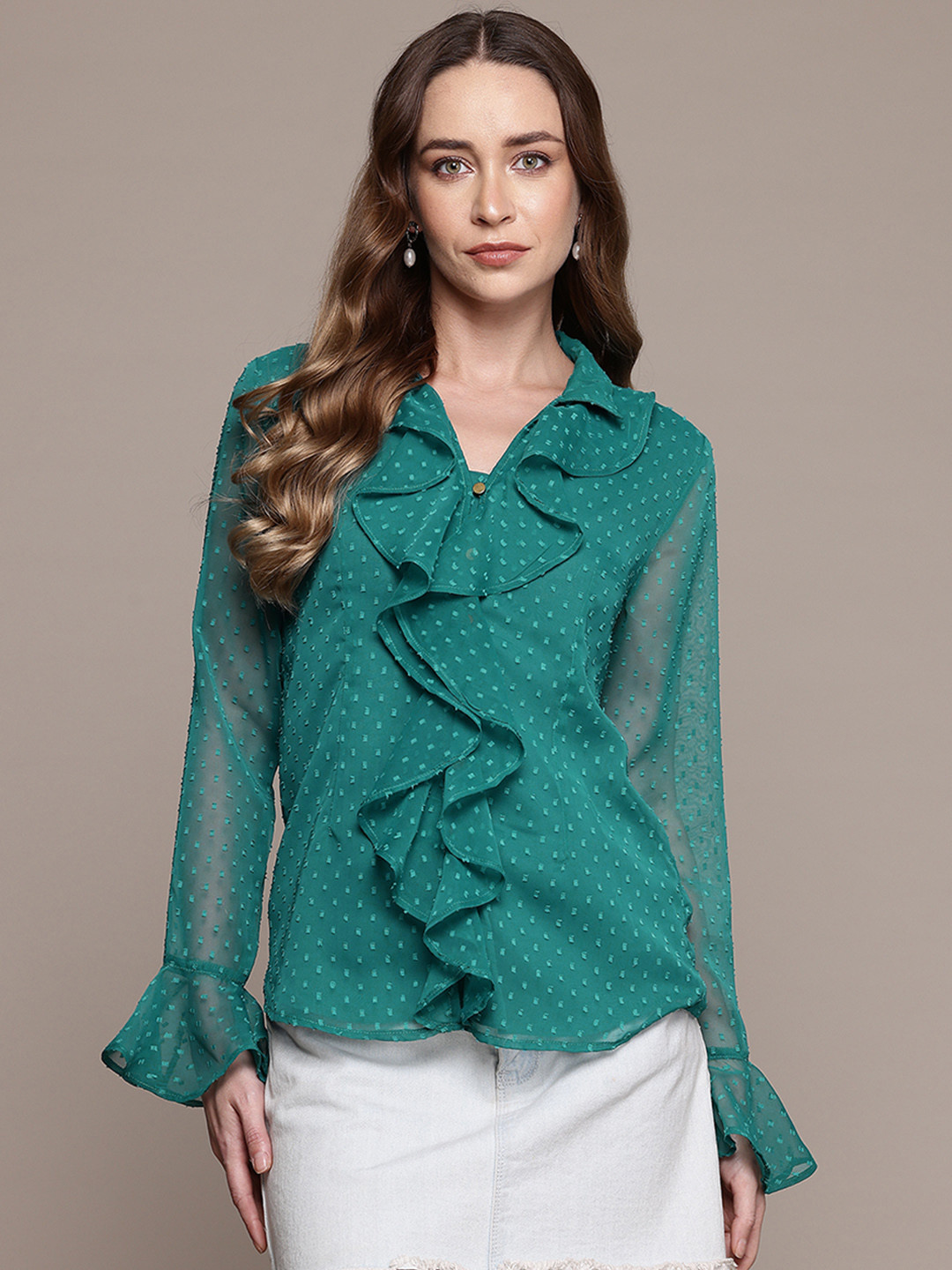 bebe Brighter Basics Dobby Weave Ruffled Detail Bell Sleeves Shirt Style Top