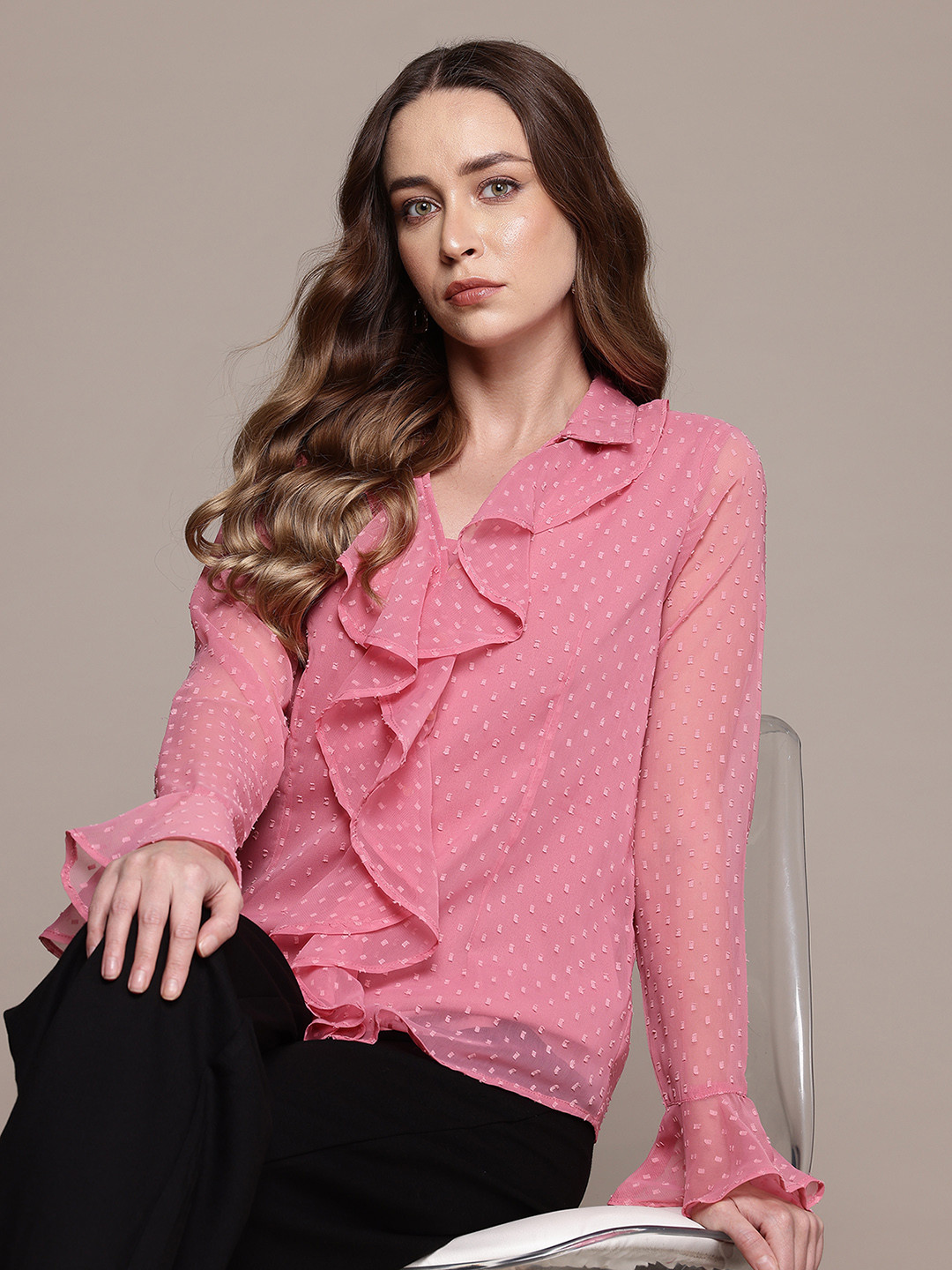 bebe Brighter Basics Dobby Weave Ruffled Detail Bell Sleeves Shirt Style Top