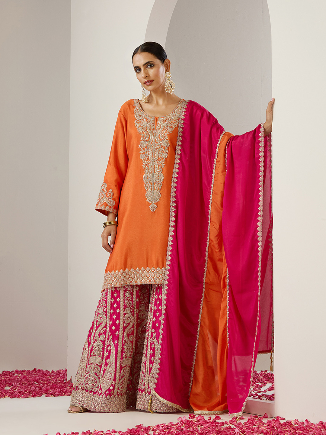 Ishin Orange Ethnic Motifs Embroidered Chinon Straight Kurta With Sharara & Dupatta