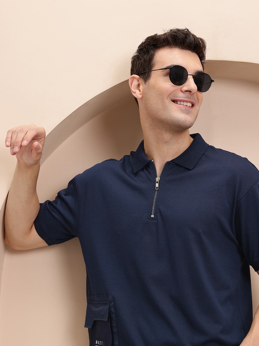 Mast & Harbour Pocket Detail Zip-Up Polo Collar T-shirt