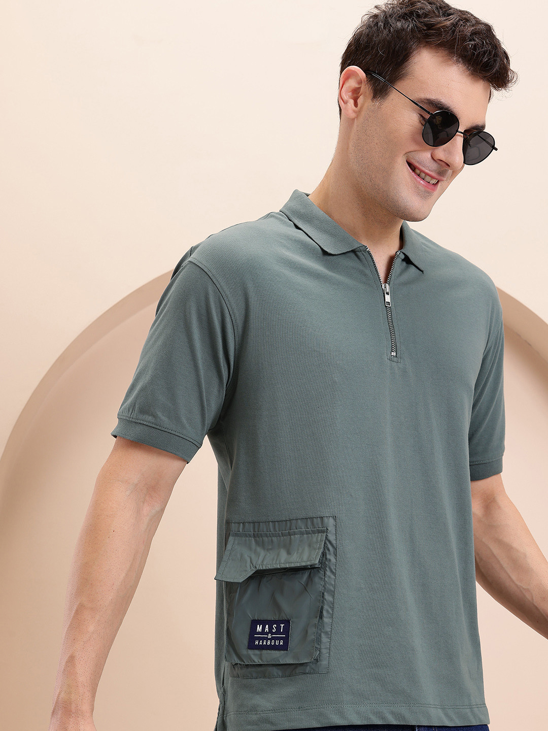 Mast & Harbour Pocket Detail Zip-Up Polo Collar T-shirt