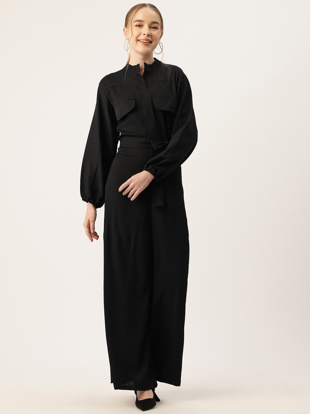 Sleek Italia Textured Bishop Sleeve Basic Jumpsuit