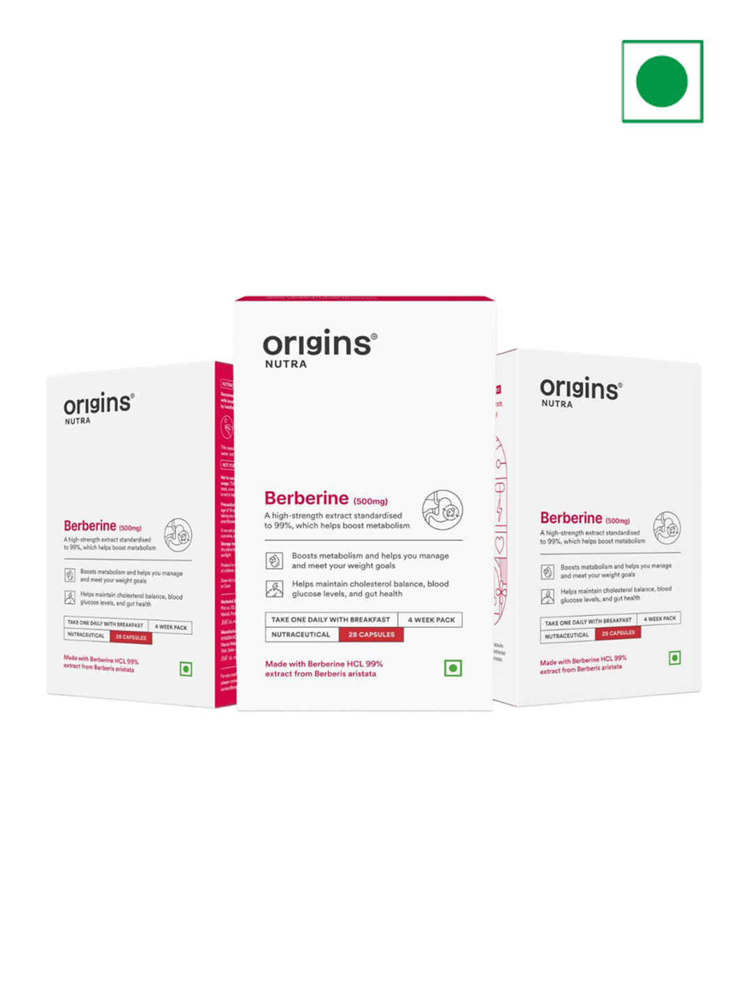 Origins Nutra Set Of 3 Berberine Metabolism Booster 500mg Capsules - 28 Capsules Each