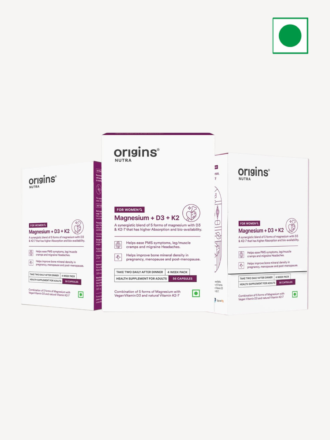 Origins Nutra Set Of 3 Magnesium + D3 + K2 Capsules For Women - 56 Nos Each