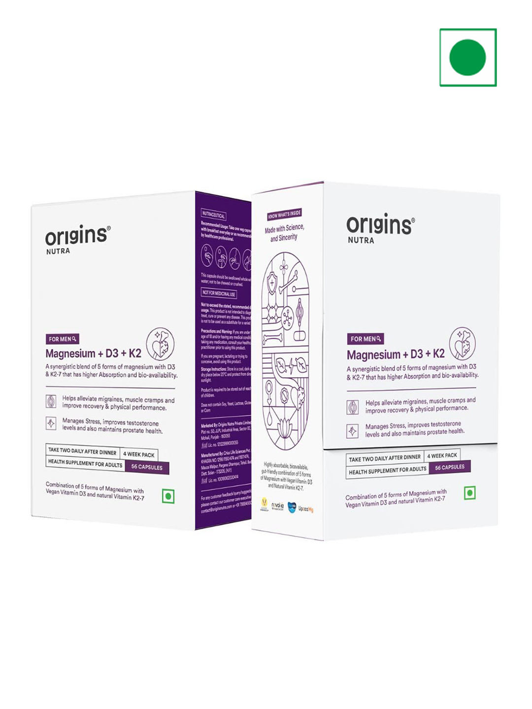 Origins Nutra Men Set Of 2 Magnesium + D3 + K2 - 56 Migraine Relief - 56 Capsules Each