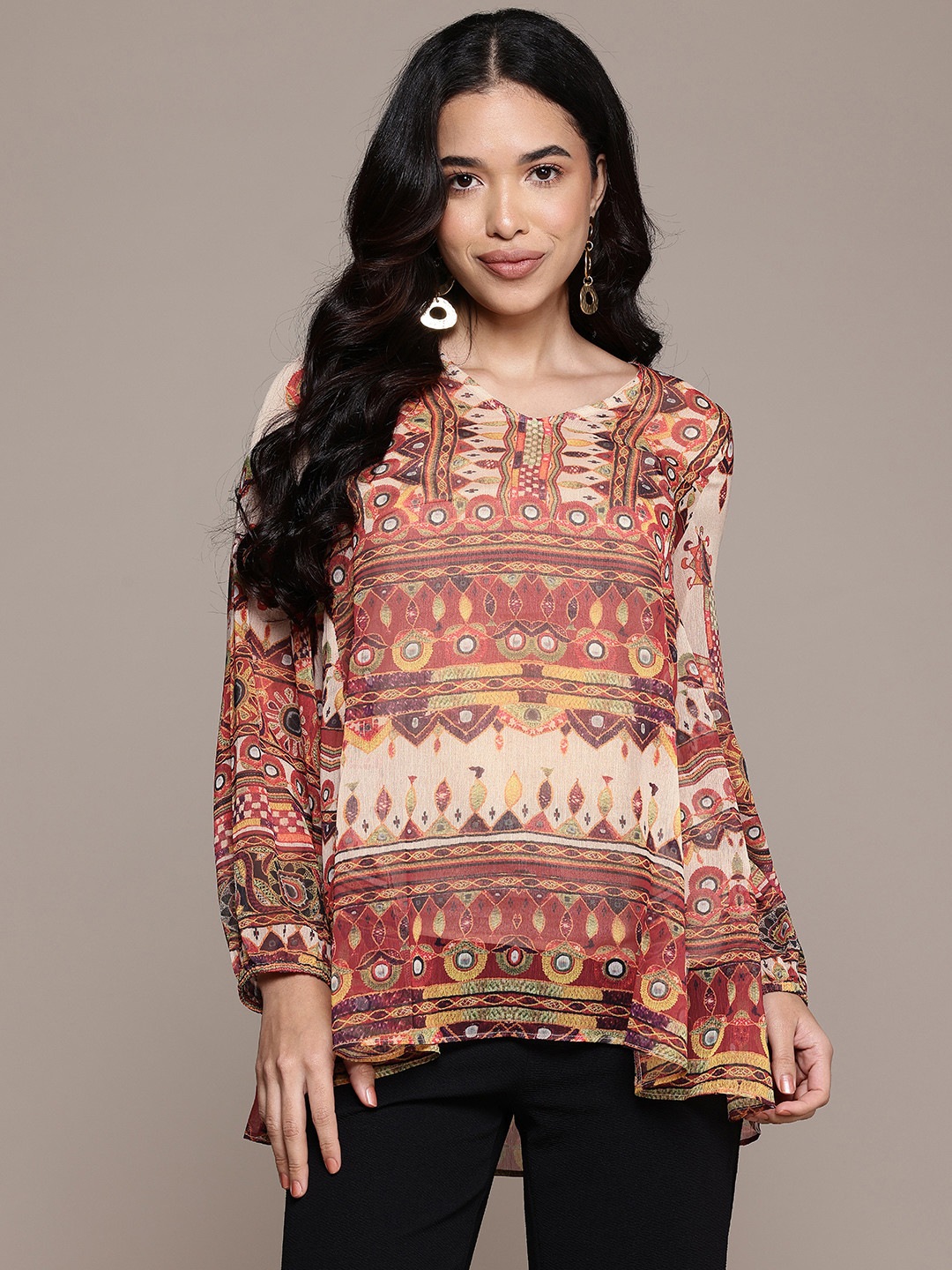 aarke Ritu Kumar Tribal Print Puff Sleeve Chiffon High-Low Top