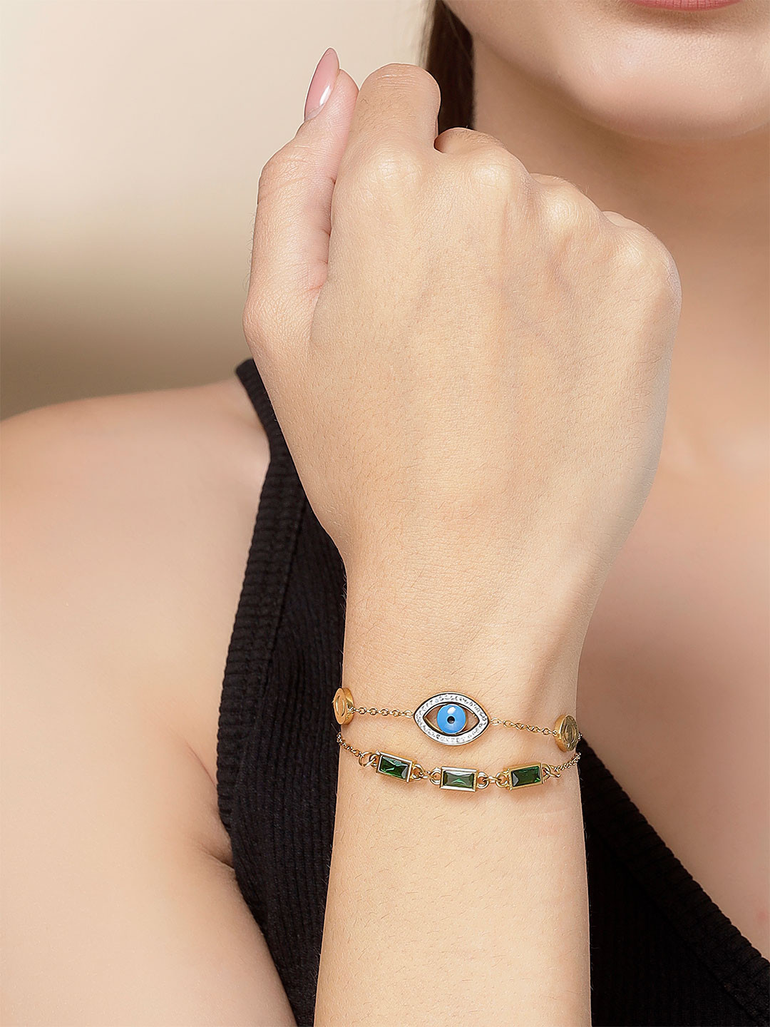 Bohey by KARATCART Cubic Zirconia Gold-Plated Stainless Steel Charm Bracelet