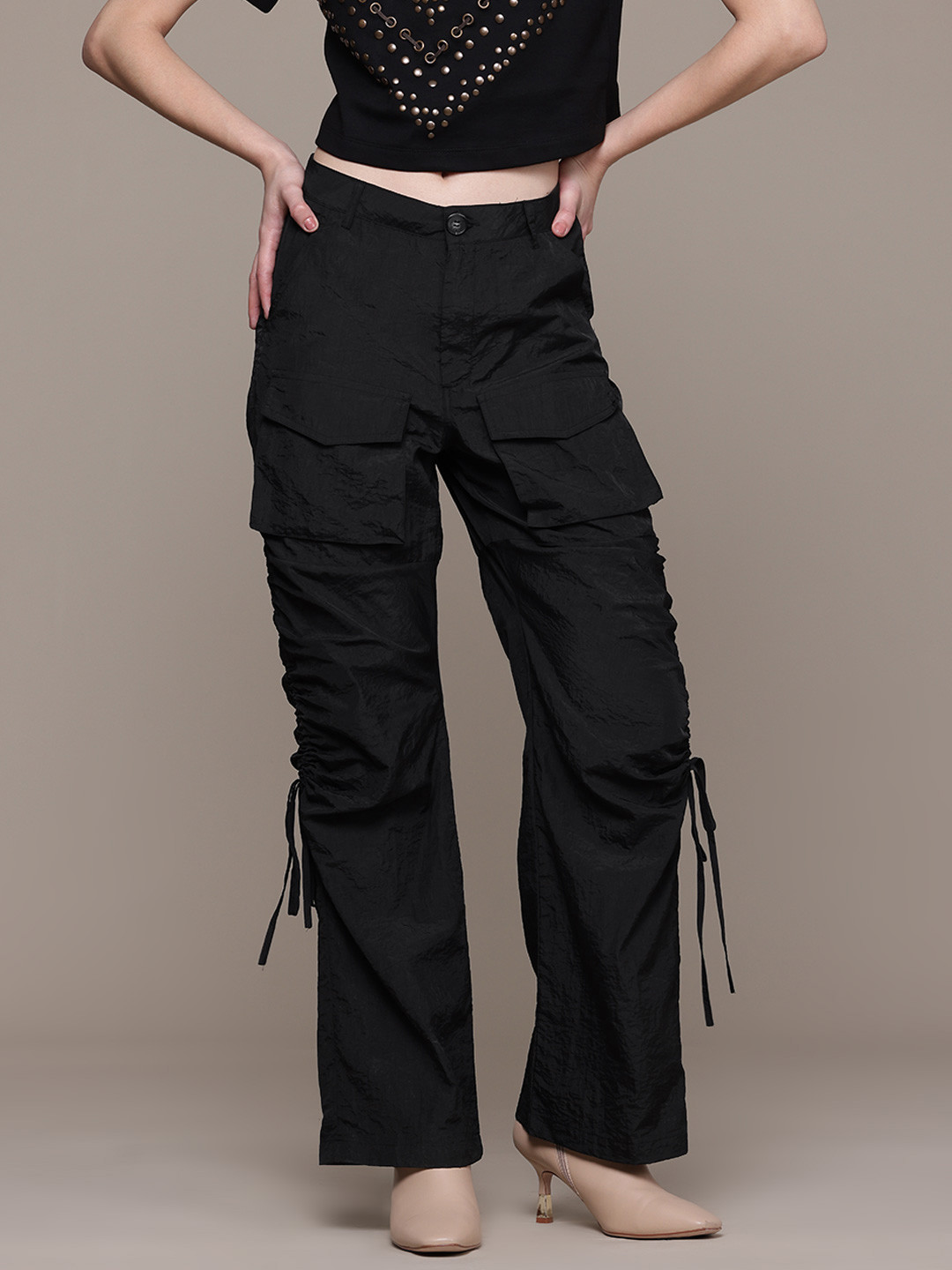 Label Ritu Kumar Women Straight Fit Cargos Trousers With Ruched Side Detail