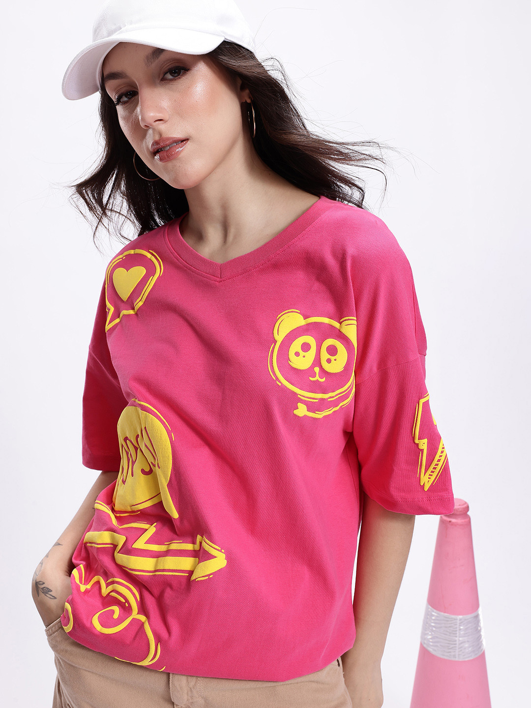 Kook N Keech Printed V-Neck Drop-Shoulder Sleeves Pure Cotton Oversized T-shirt