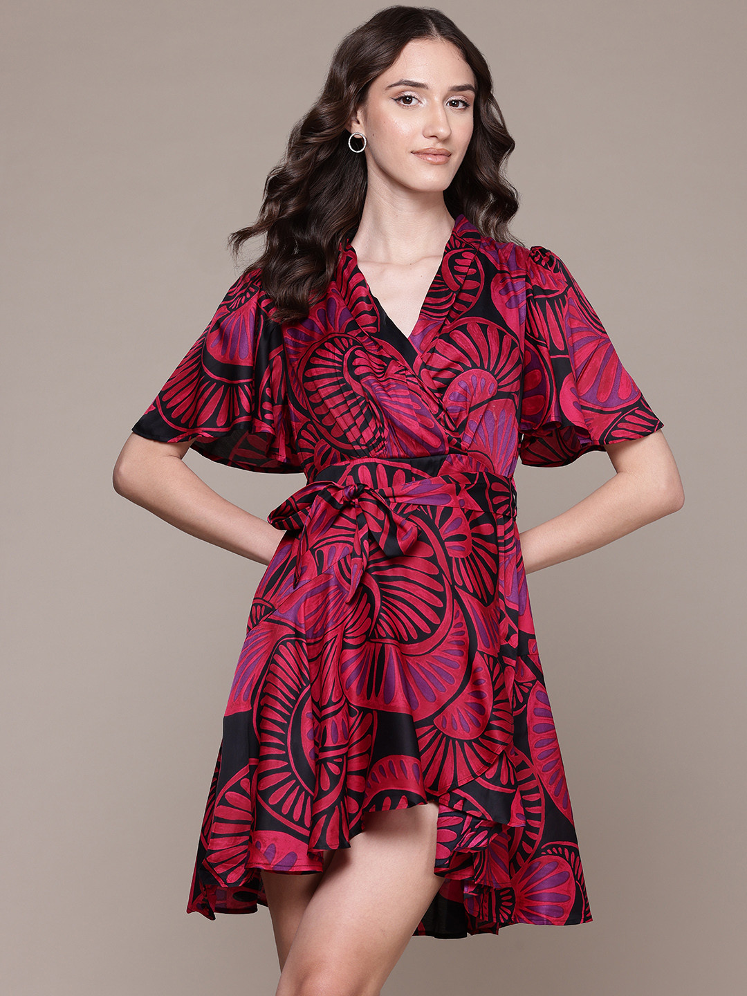 Label Ritu Kumar Print Flared Sleeves Satin Mini Dress with Tie-Up Detail