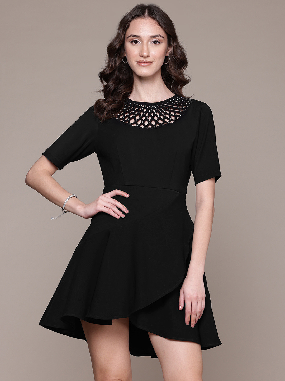 Label Ritu Kumar Embellished Detail Jewel Neck Tulip Hem Crepe Fit & Flare Mini Dress