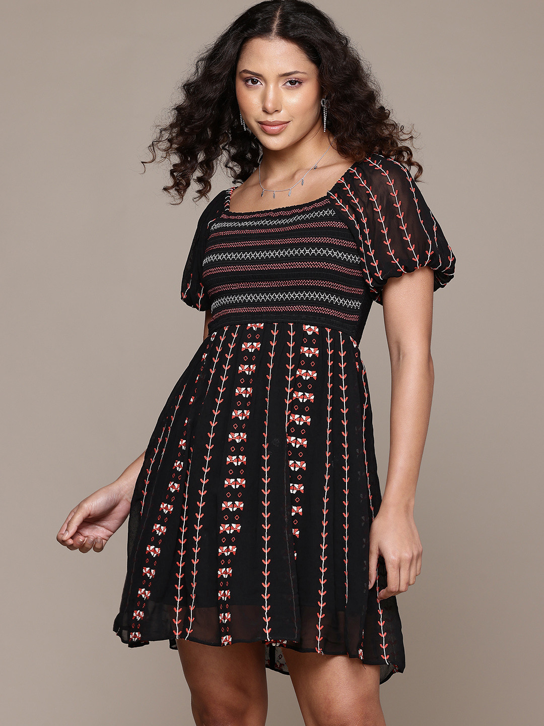 Label Ritu Kumar Floral Embroidered Puff Sleeve Georgette Cassidy A-Line Dress