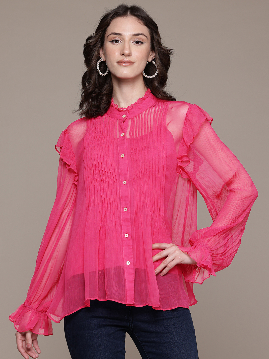 Label Ritu Kumar Choker Neck Puff Sleeve Chiffon Shirt Style Top