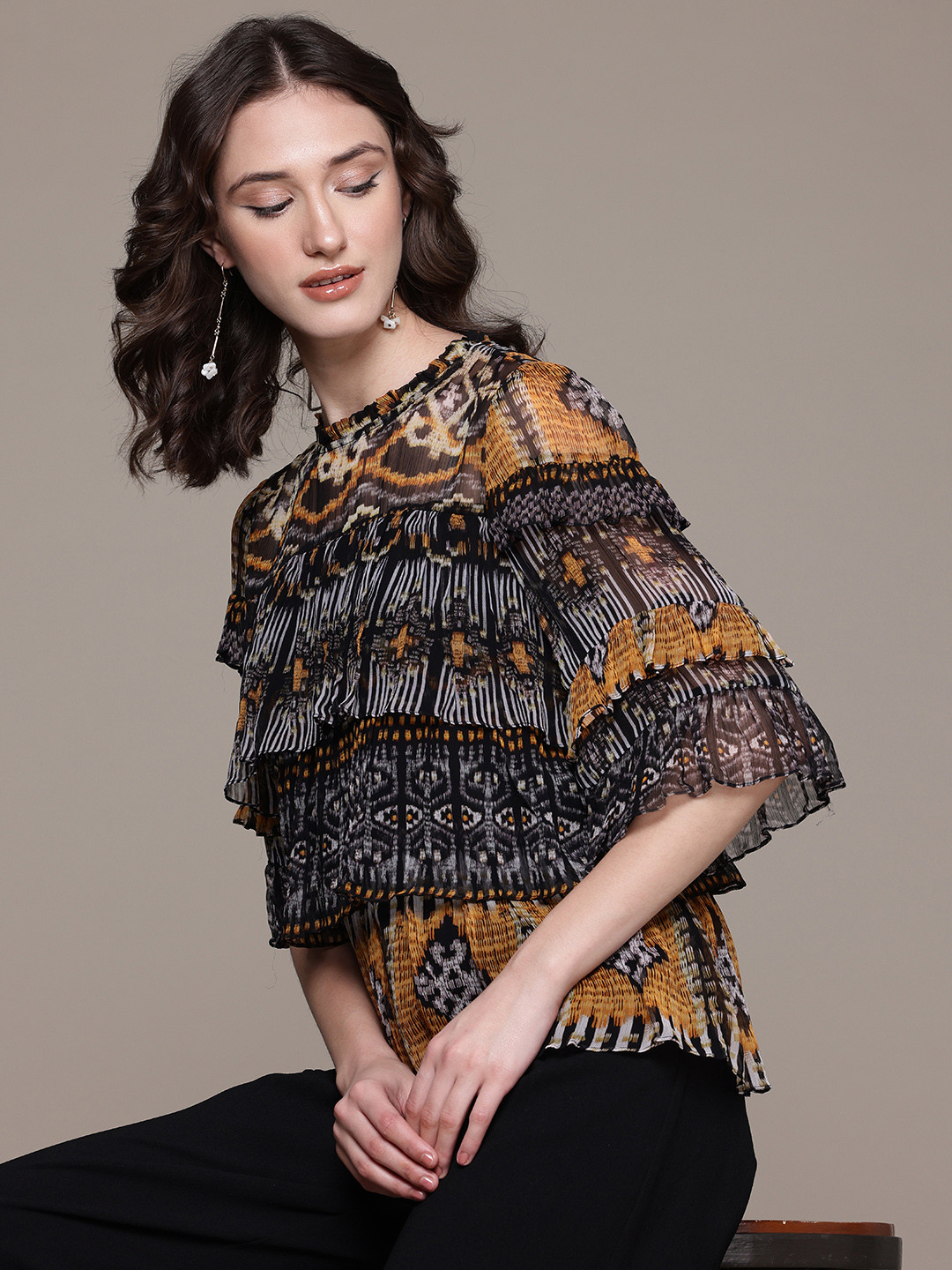 Label Ritu Kumar Tribal Printed Layered Flared Sleeve Chiffon Top