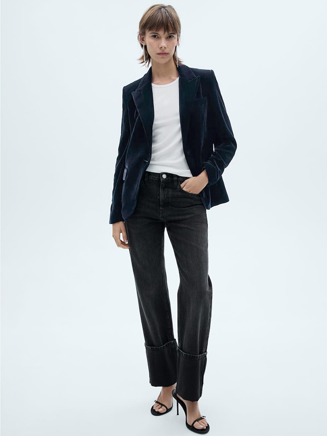 MANGO Peaked Lapel Velvet Single-Breasted Blazer