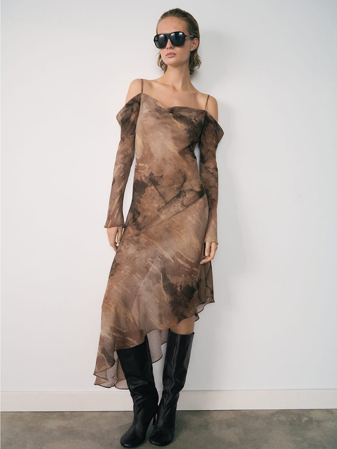 MANGO Printed Cold-Shoulder A-Line Midi Dress