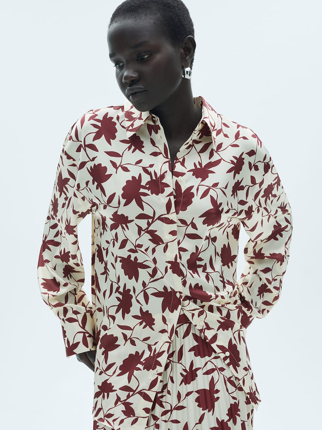 MANGO Floral Printed Shirt Collar Cuffed Sleeves Gathered or Pleated Shirt Style