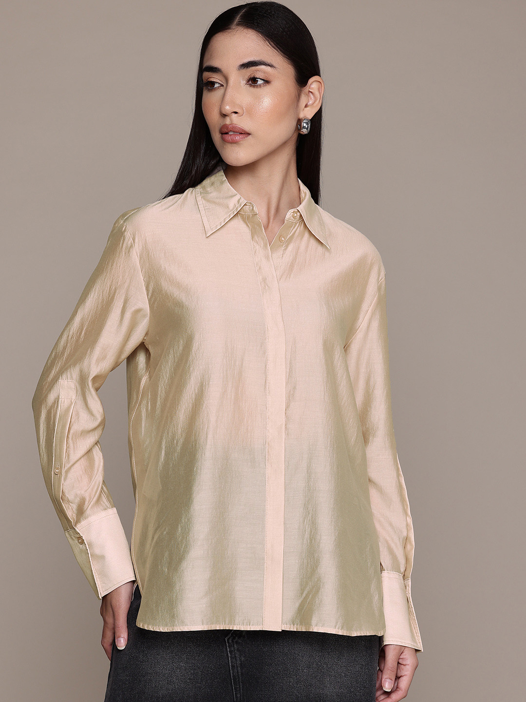 MANGO Satin Finish Semi Sheer High-Low Shirt