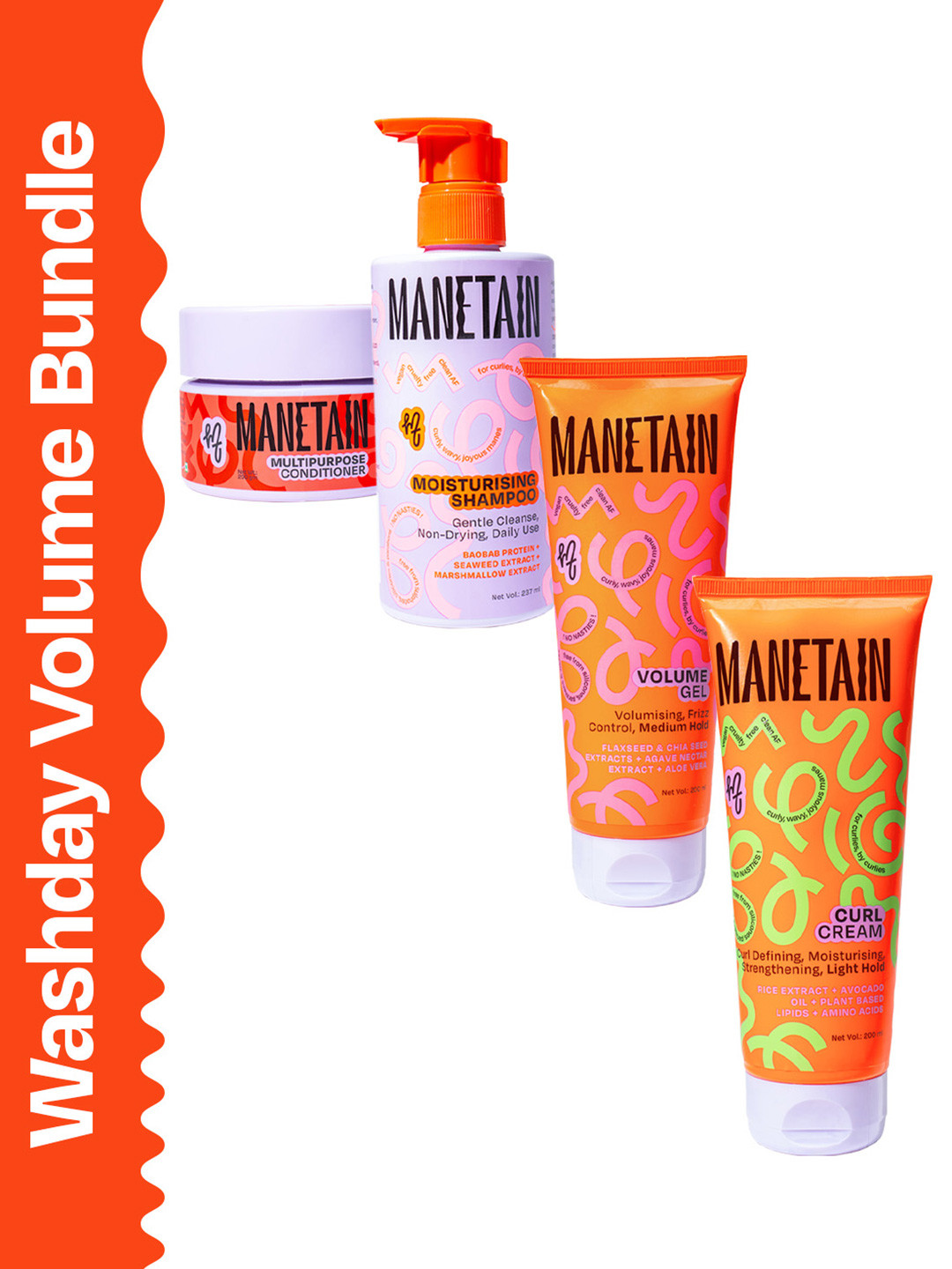 MANETAIN Set Of 4 Curl Cream, Conditioner, Gel - 200ml Each & Moisturizing Shampoo - 237ml