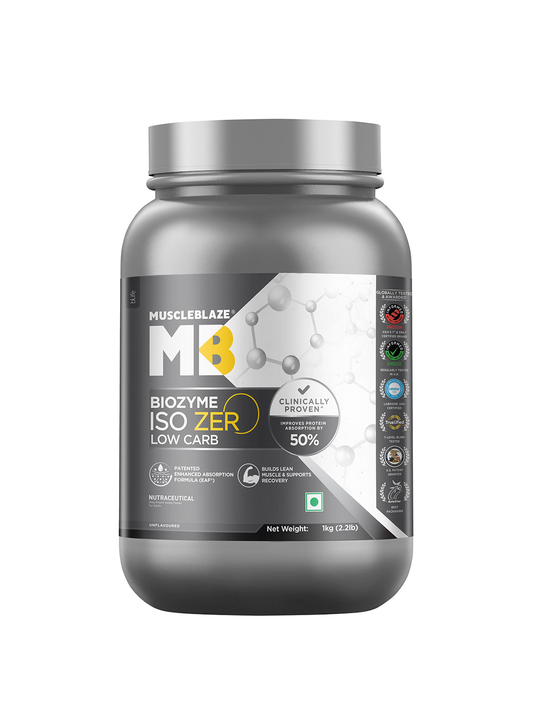 MuscleBlaze Biozyme Iso-Zero Low Carb 100% Pure Isolated Whey Protein - 1kg - Unflavored